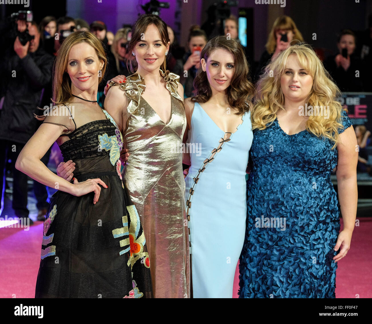 The cast arrives on the red carpet for the European Premiere of “How To Be Single” on 09/02/2016 at The VUE West End, London. Pictured: Dakota Johnson, Rebel Wilson, Alison Brie, Leslie Mann. Picture by Julie Edwards/Alamy Live News. Stock Photo