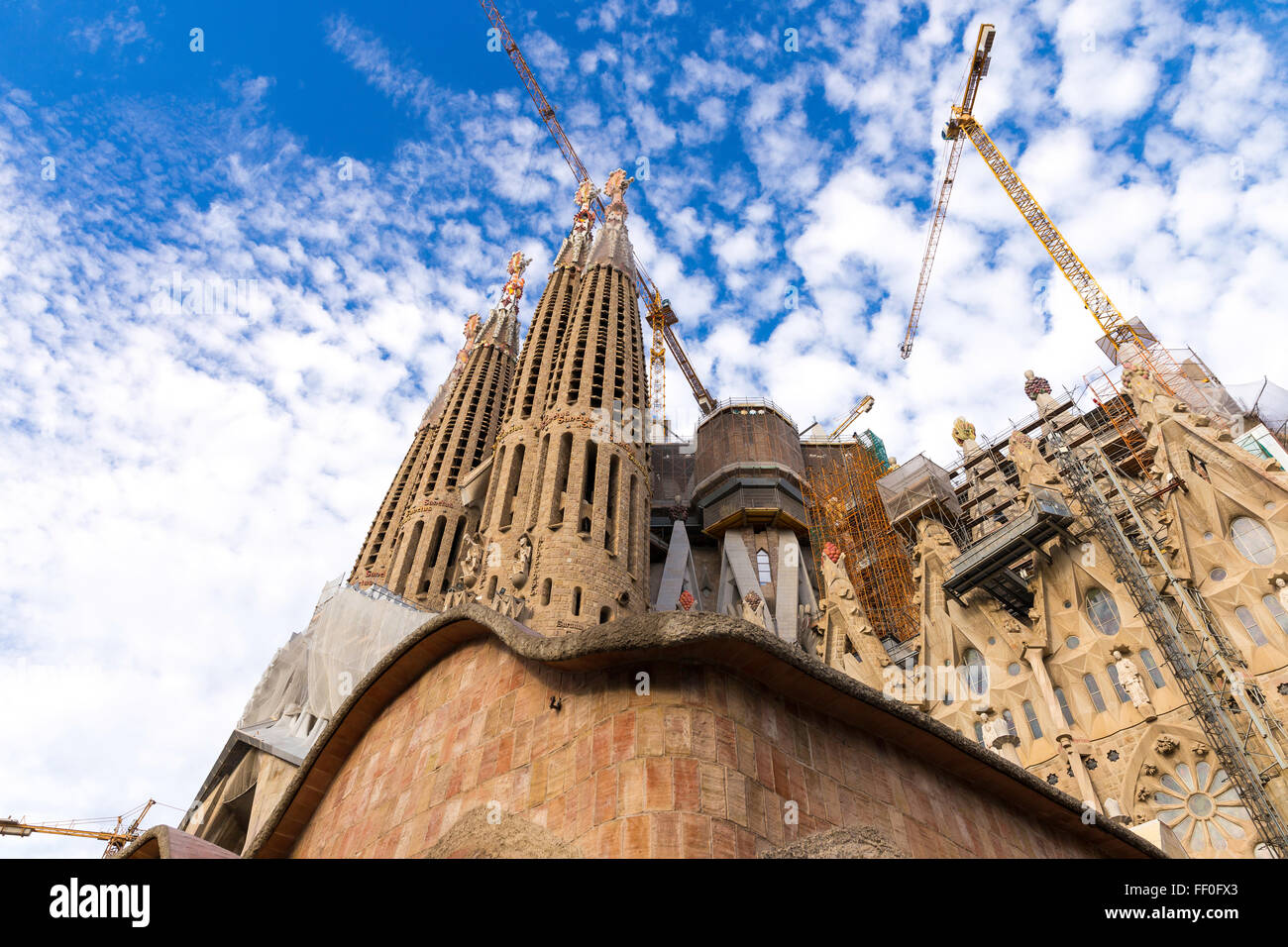 Incomplete, the church Sagrada Familia is a large Roman Catholic church in Barcelona Stock Photo
