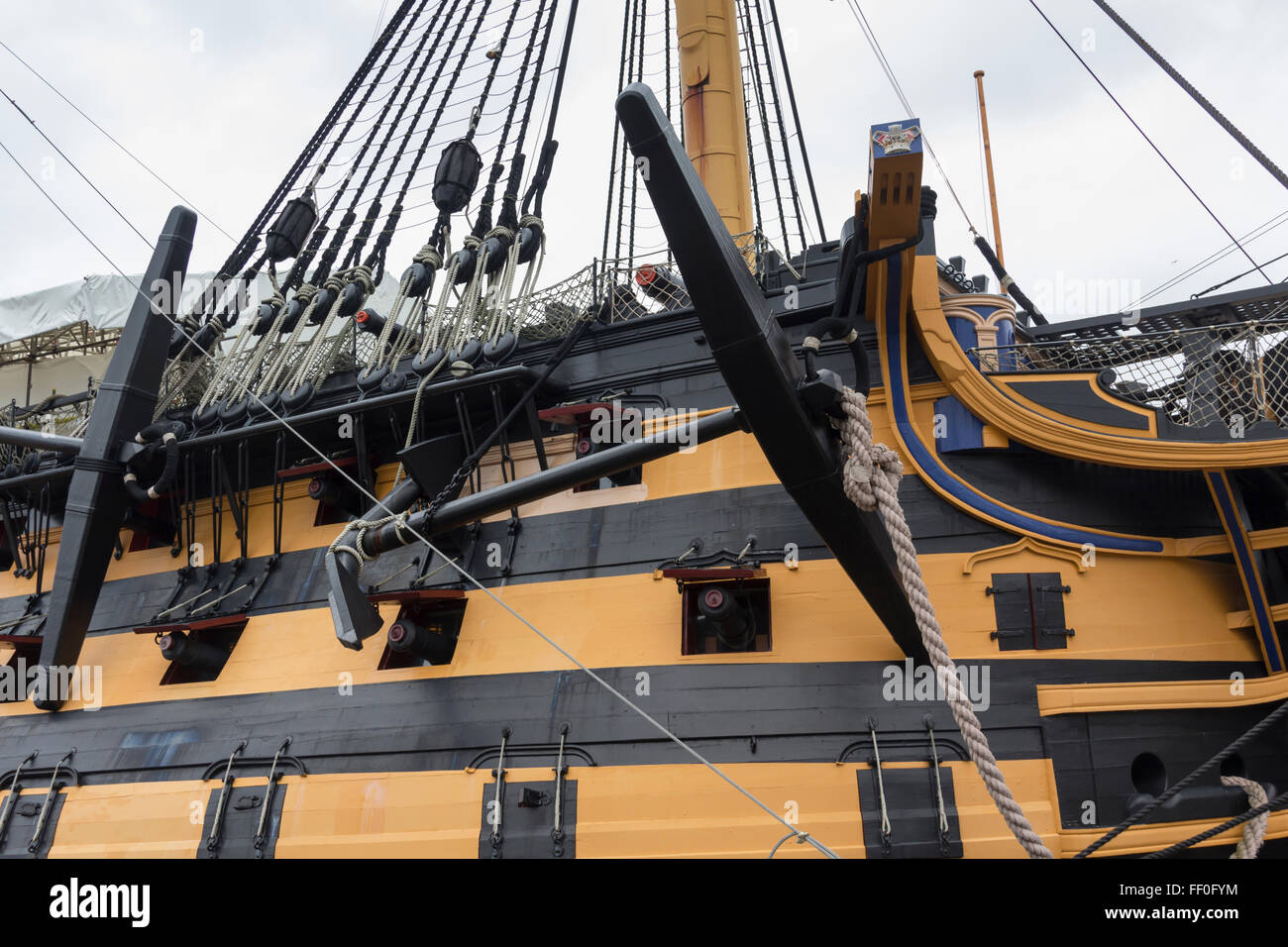 Detail of an anchor on HMS Victory, the historic Royal Navy vessel which headed the victory of British naval forces at Trafalgar Stock Photo