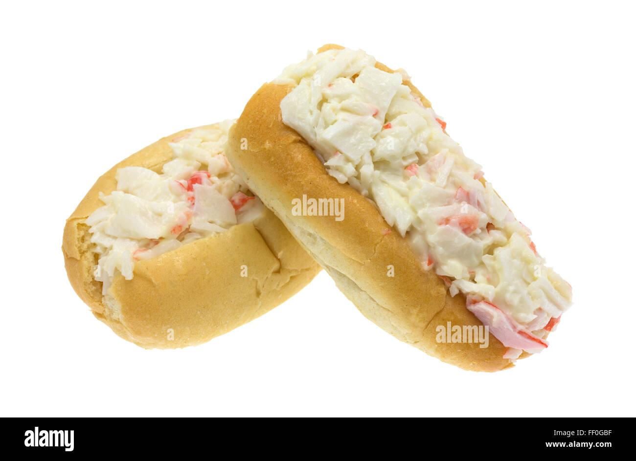 Two small surimi crab meat made into a salad with mayonnaise in small