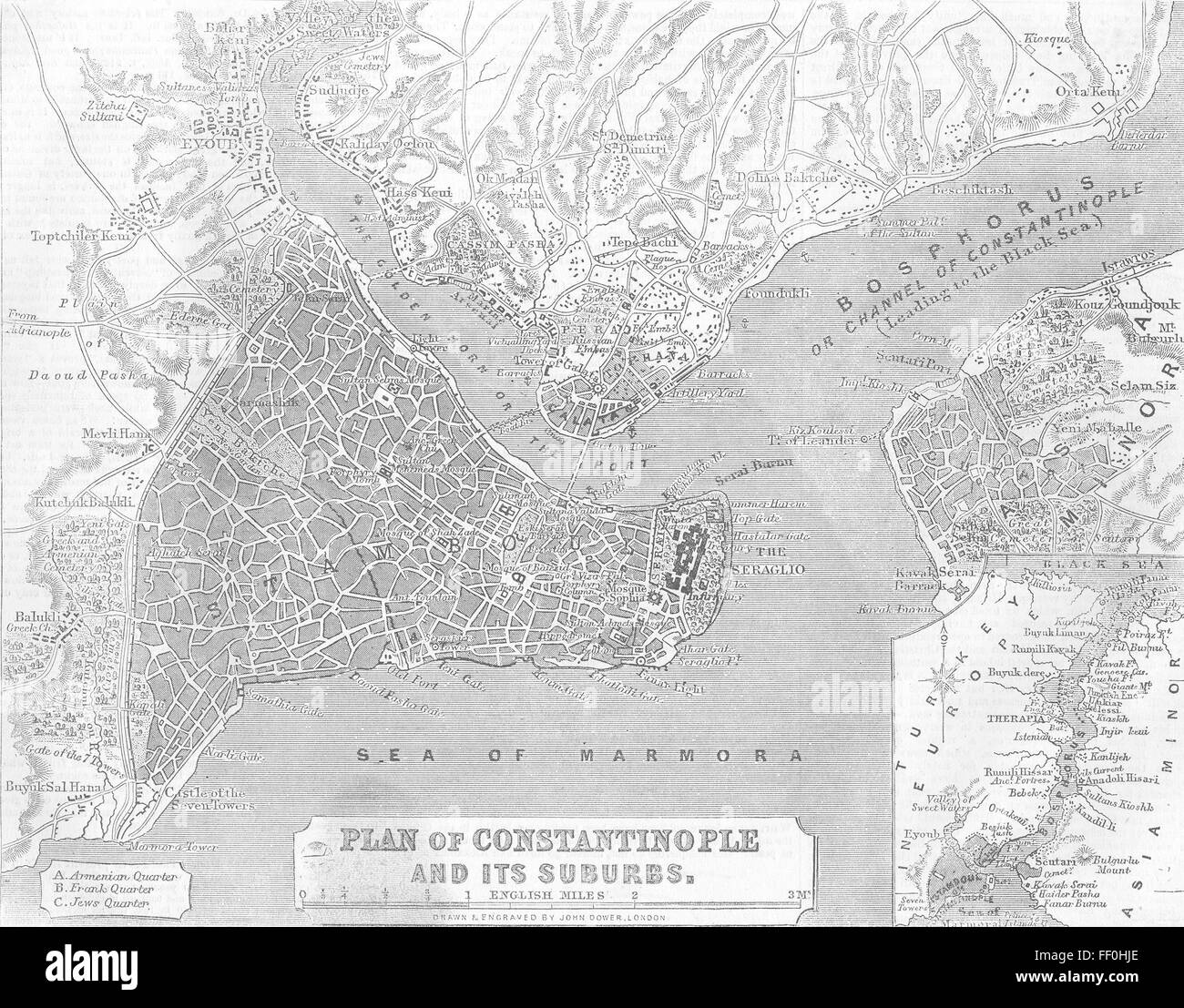 TURKEY Crimean War Plan of Istanbul & its Suburbs 1856. Illustrated London News Stock Photo