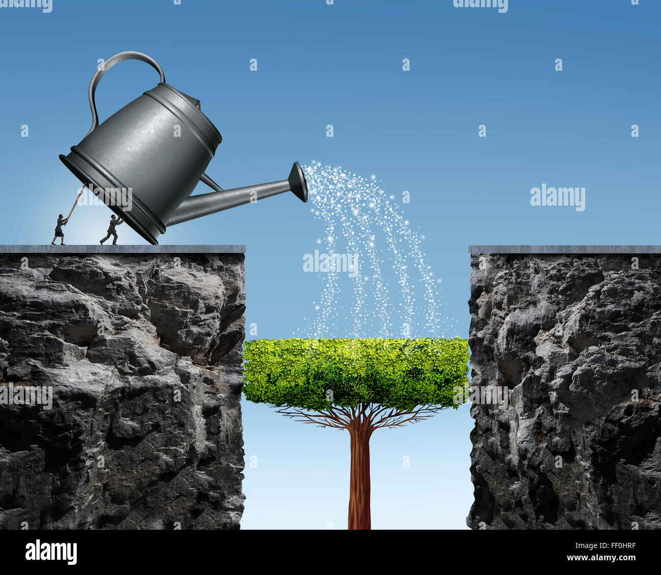 Planning for future success business concept with a businessman and businesswoman lifting a watering can to help a tree grow into a future bridge to achieve the long term goal of crossing to the other side. Stock Photo