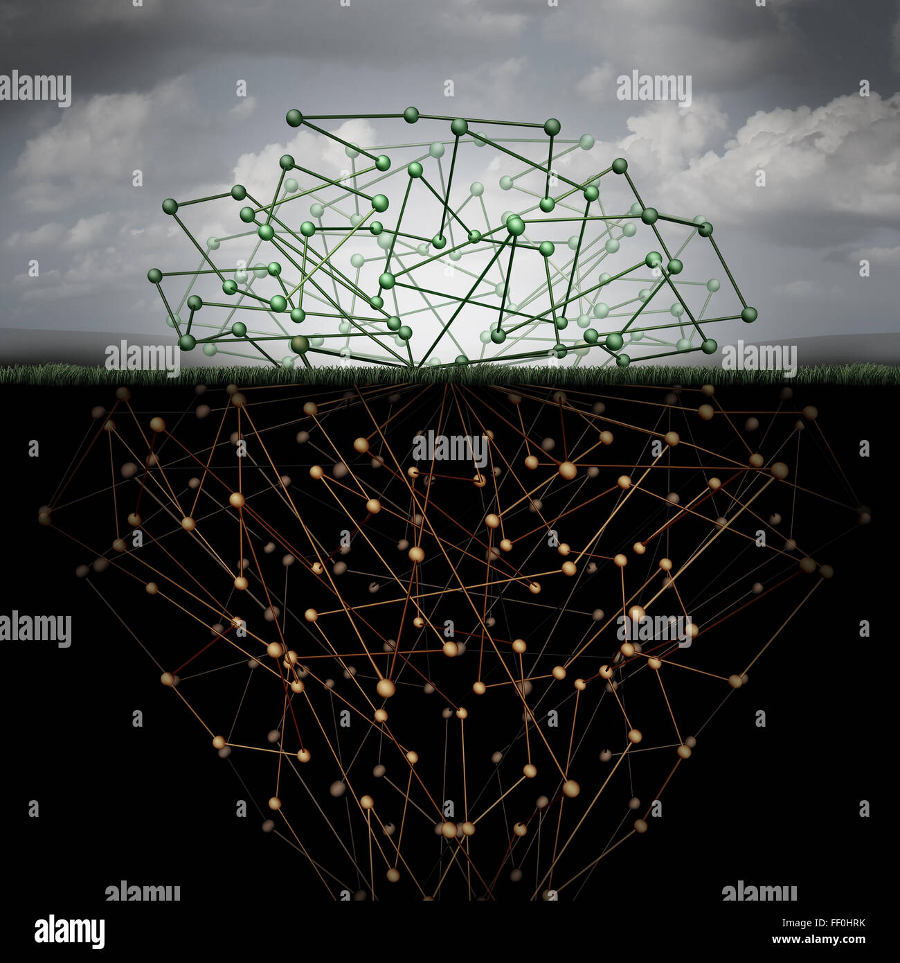 Dark web and hidden internet technology as a hidden website in cyberspace underground search engines as a buried data symbol for the deepnet as a network group of connected geometry shaped as roots under the surface. Stock Photo