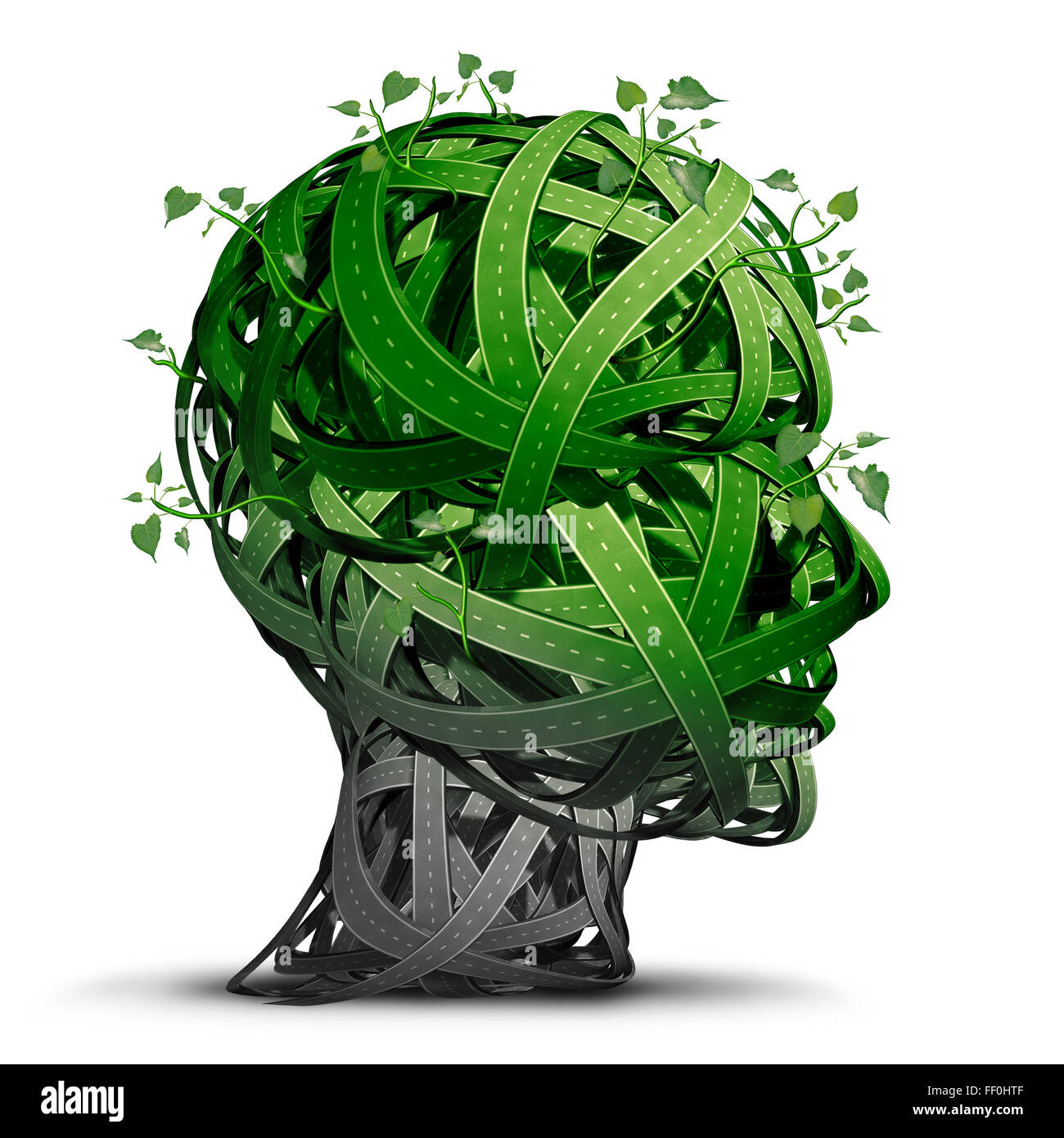 Green transportation thinking and alternative fuel symbol as a group of green roads shaped as a human head representing the growing ecological friendly clean energy transport solutions as electric vehicle technology. Stock Photo
