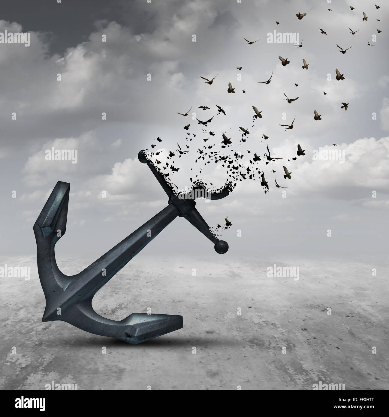 Letting go psychology concept as a heavy anchor transforming into a flying group of birds as a motivational metaphor for liberation and leaving a life or business burden behind. Stock Photo