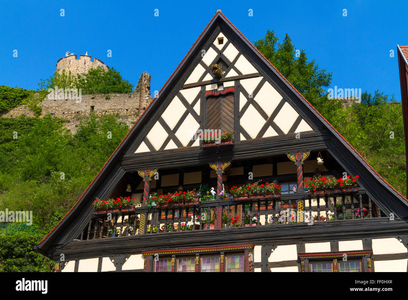 Maison Herzer half timbered house in Kaysersberg along the Alsace wine route Haut Rhin France Stock Photo