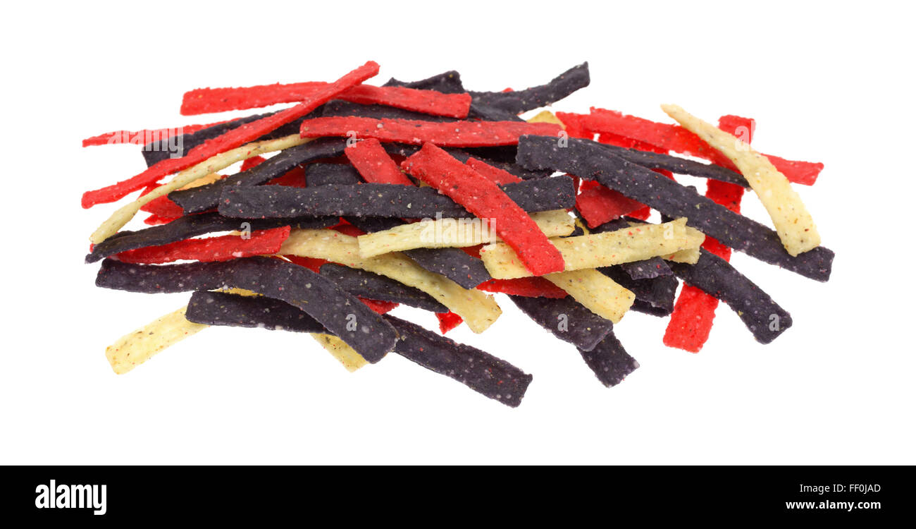 Side view of red blue and natural tortilla strips isolated on a white background. Stock Photo