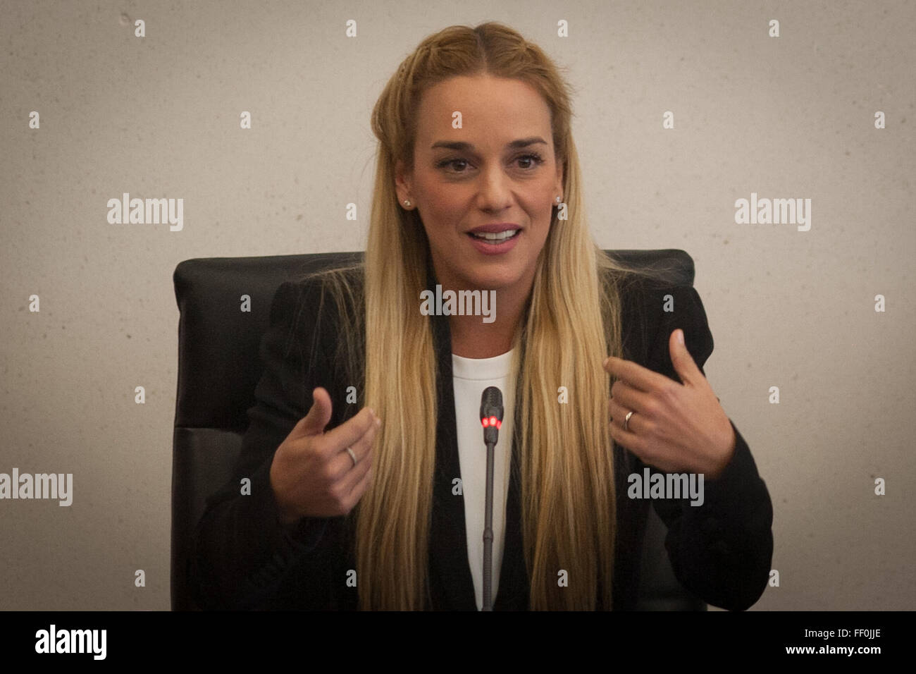 Mexico City, Mexico. 9th Feb, 2016. Lilian Tintori, wife of Venezuelan opposition leader Leopoldo Lopez, takes part during a meeting with the President of Mexico's Senate Roberto Gil, at the Senate headquerters in Mexico City, capital of Mexico, on Feb. 9, 2016. Lilian Tintori is visiting Mexico to seek support for "political prisoners" in Venezuela, according to local press information. © Pedro Mera/Xinhua/Alamy Live News Stock Photo