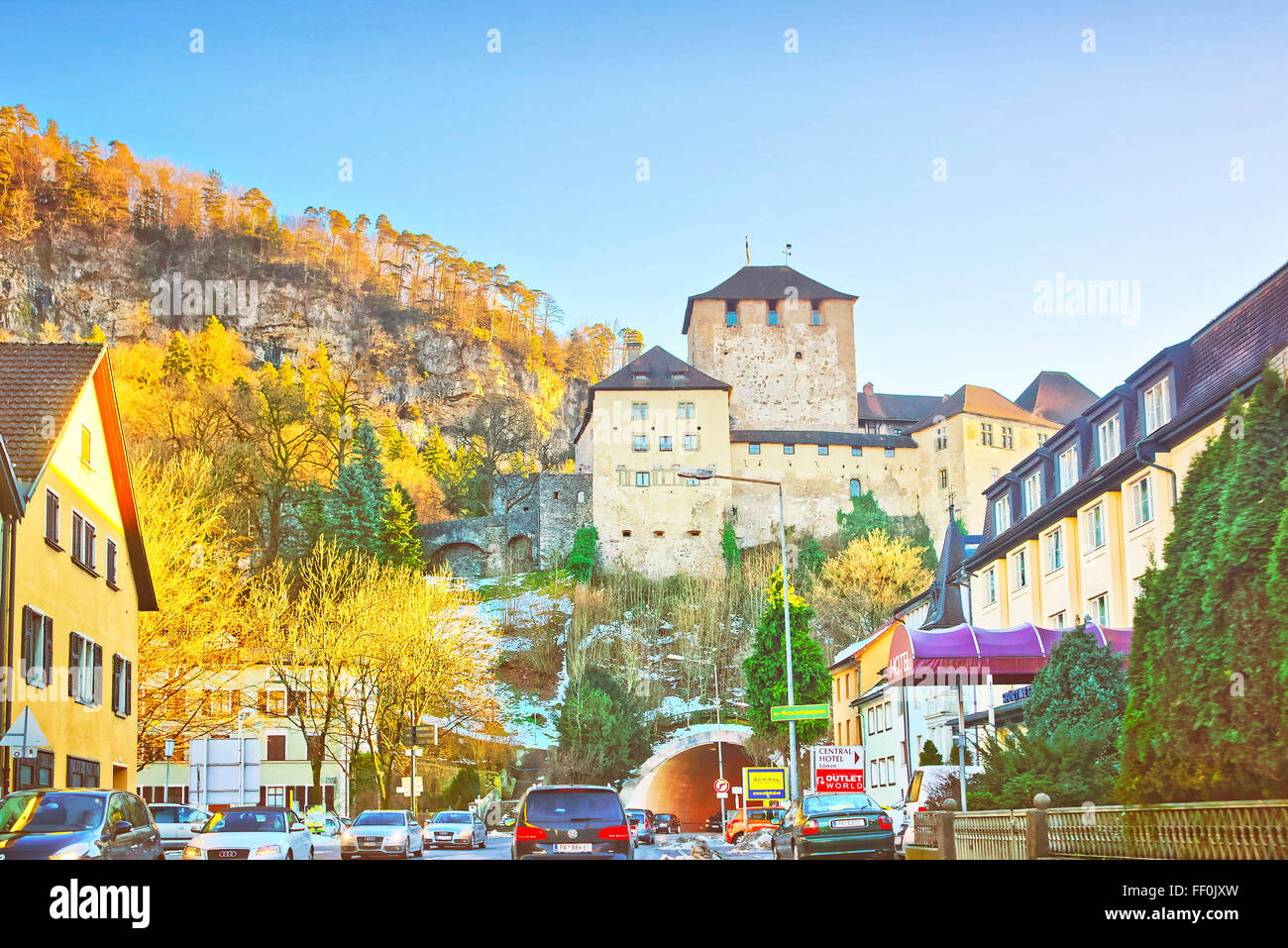 FELDKIRCH, AUSTRIA - JANUARY 5, 2015: Road View and a village and castle in Austria in winter. Stock Photo