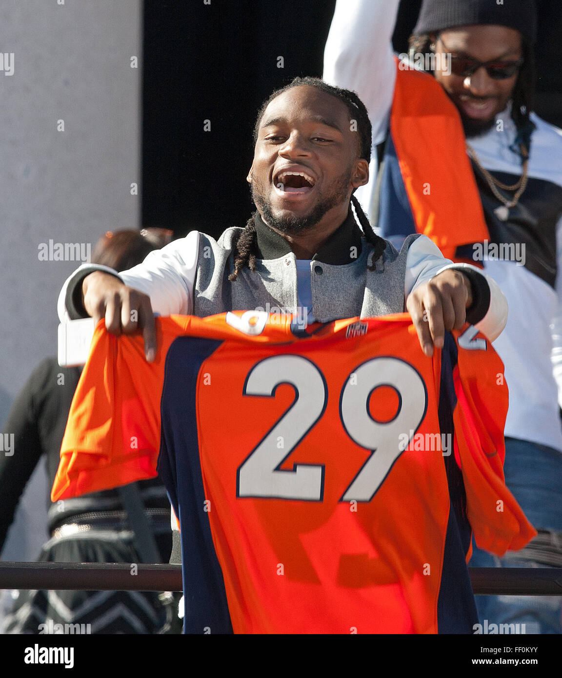 Denver, Colorado, USA. 9th Feb, 2016. Broncos BRADLEY ROBY celebrates with team mates during the Super Bowl victory celebration at the Denver City & County Building in downtown Denver Tuesday afternoon. Credit:  Hector Acevedo/ZUMA Wire/Alamy Live News Stock Photo
