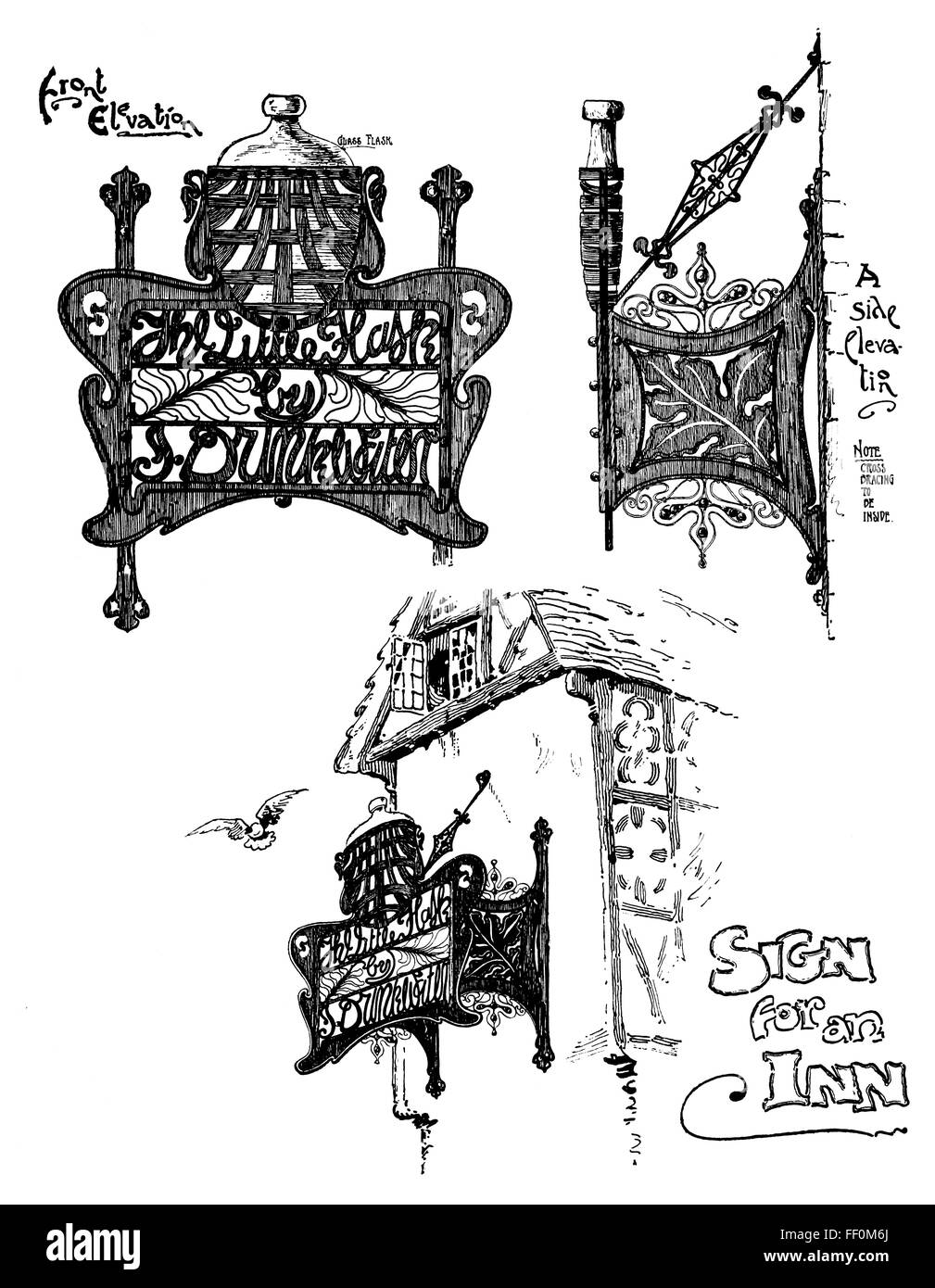 Sign for an Inn, art nouveau metalwork design by Charles G Thompson of Liverpool, line Illustration from 1897 Studio Magazine Stock Photo
