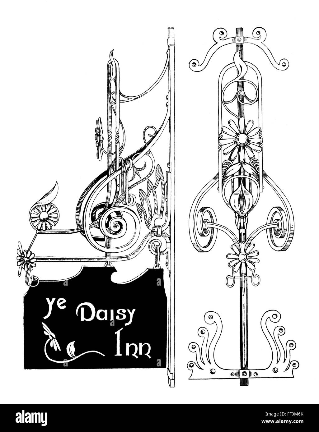 Ye Daisy Inn, art nouveau metalwork pub sign design by Jas Thirtle of Ewell line Illustration from 1897 The Studio Magazine Stock Photo
