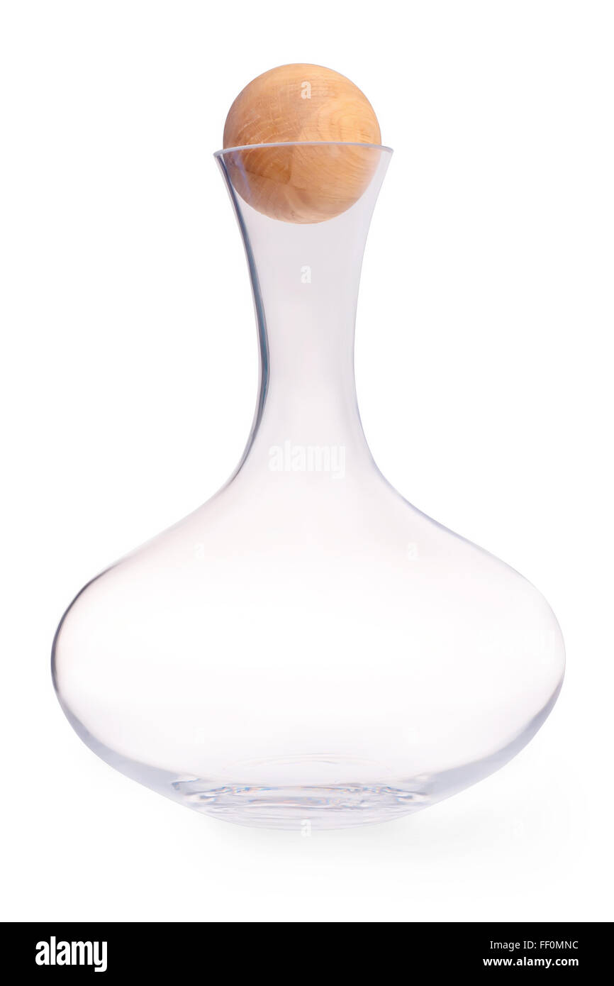 Empty glass wine carafe with a wooden stopper isolated on white with clipping path Stock Photo