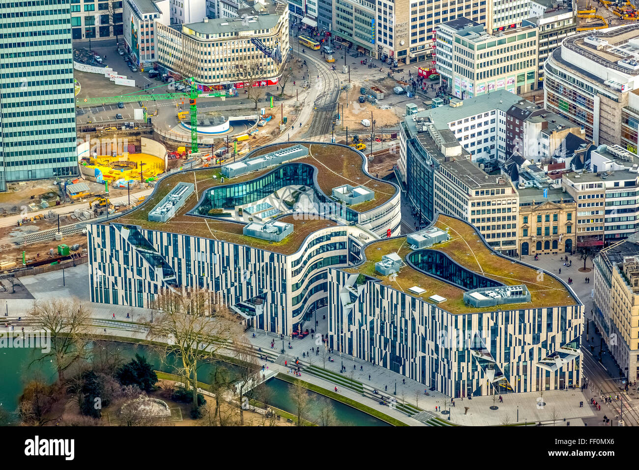 Aerial view, Kö-Bogen, mall Dusseldorf, Porsche Centre, Apple Store, Breuninger, new K-arch tunnel, Dusseldorf, Rhineland,Europe Stock Photo