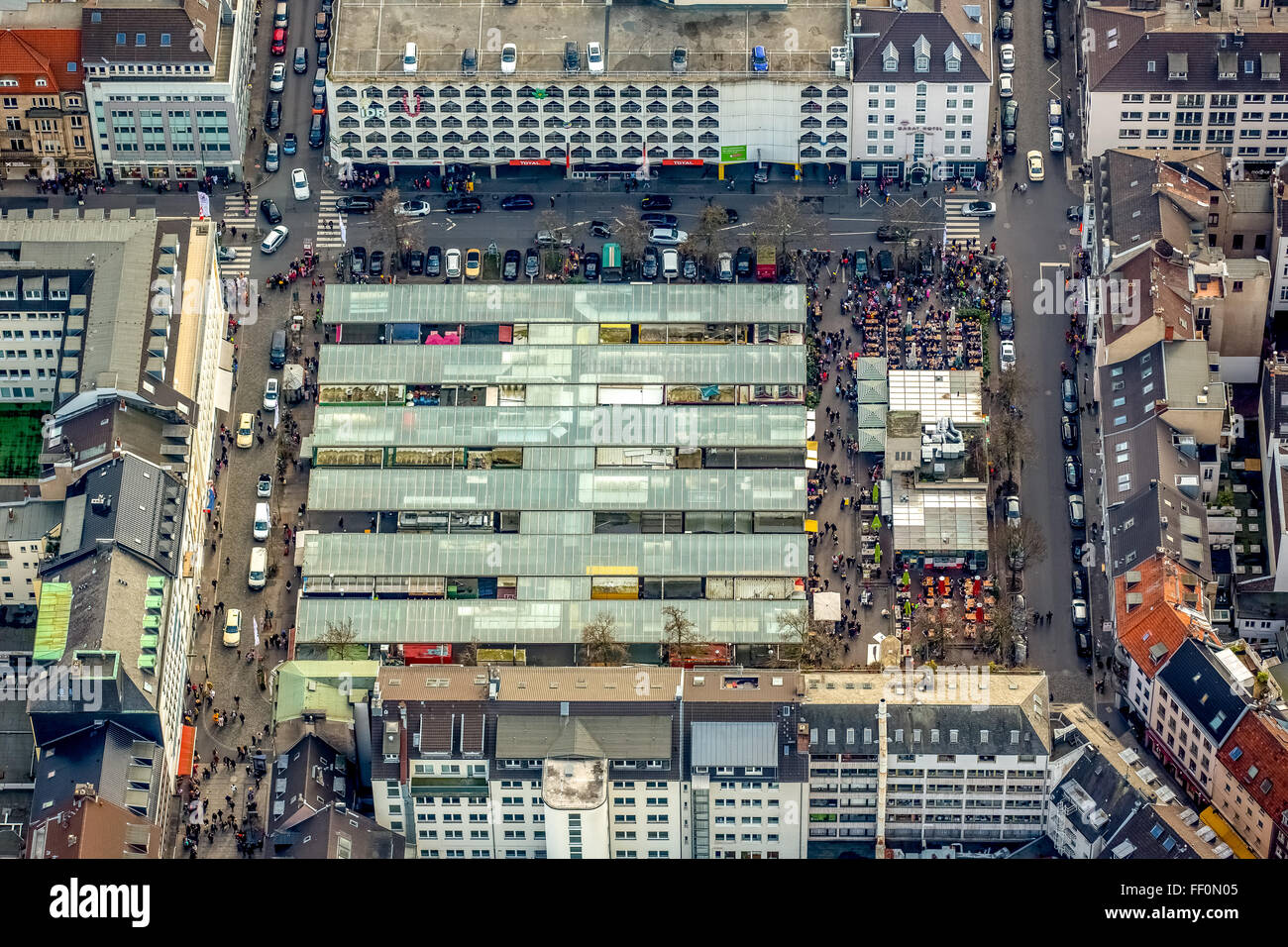 Aerial view, the Carlsplatz Düsseldorf's Old Town with fixed stalls, Dusseldorf, Rhineland, North Rhine-Westphalia, Germany, Stock Photo