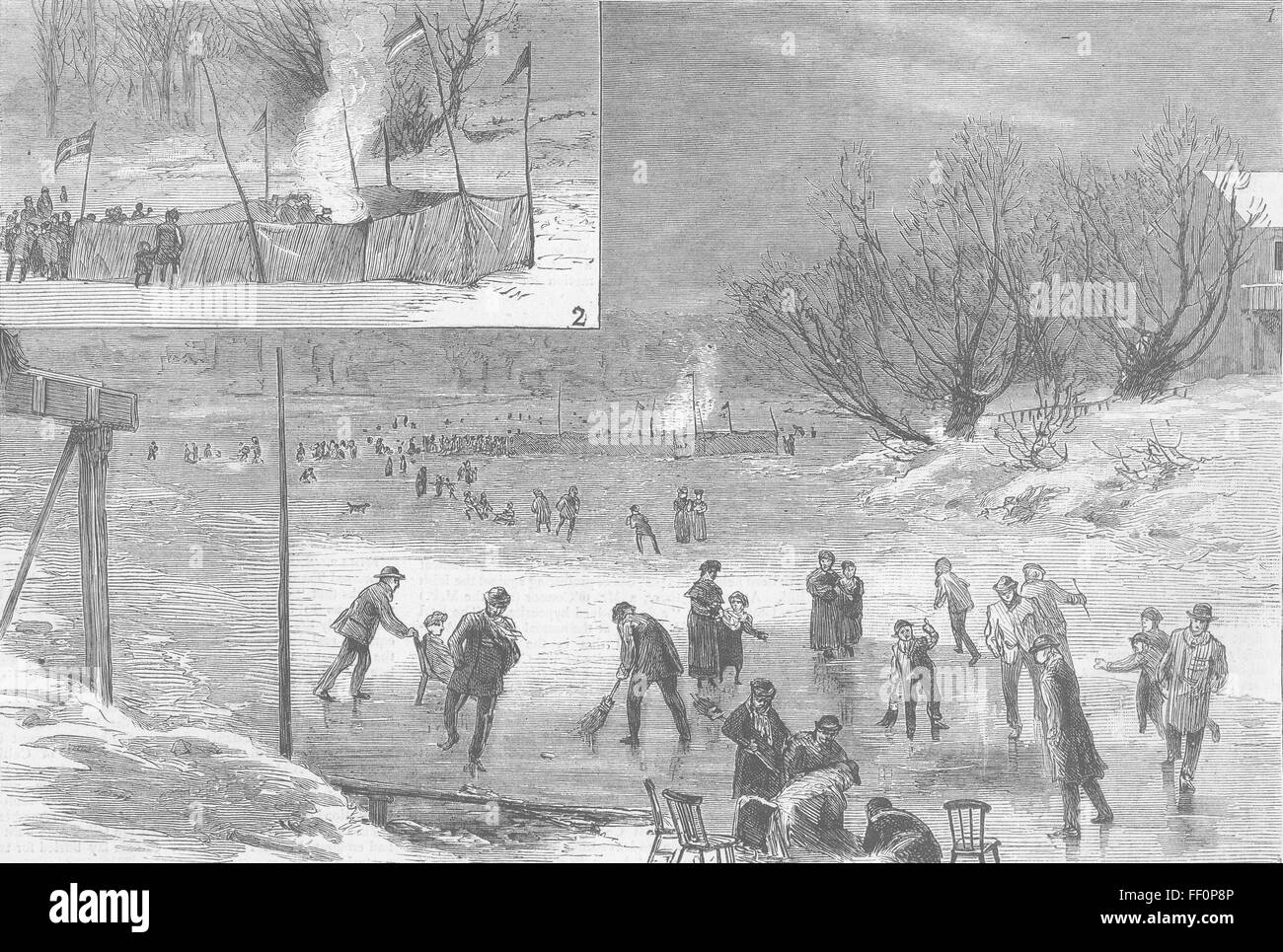 TWICKENHAM Skating, Frozen Thames & roasting sheep 1881. The Graphic Stock Photo