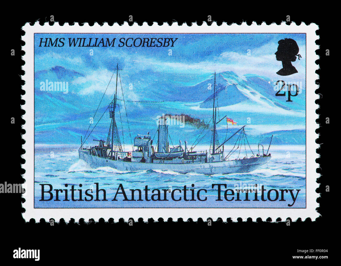 Postage stamp from the Britsh Antarctic Territory depicting the research vessel HMS William Scoresby. Stock Photo