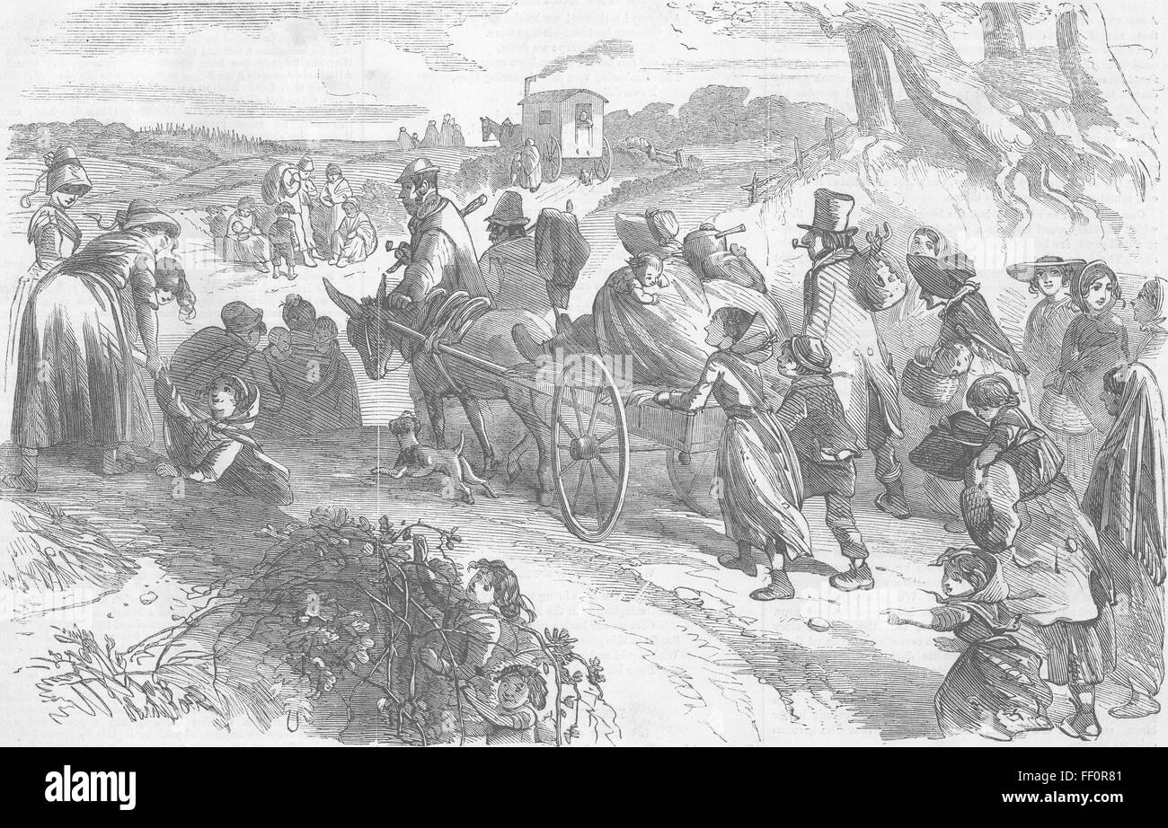 BEER Hop-pickers on the road 1858. Illustrated London News Stock Photo
