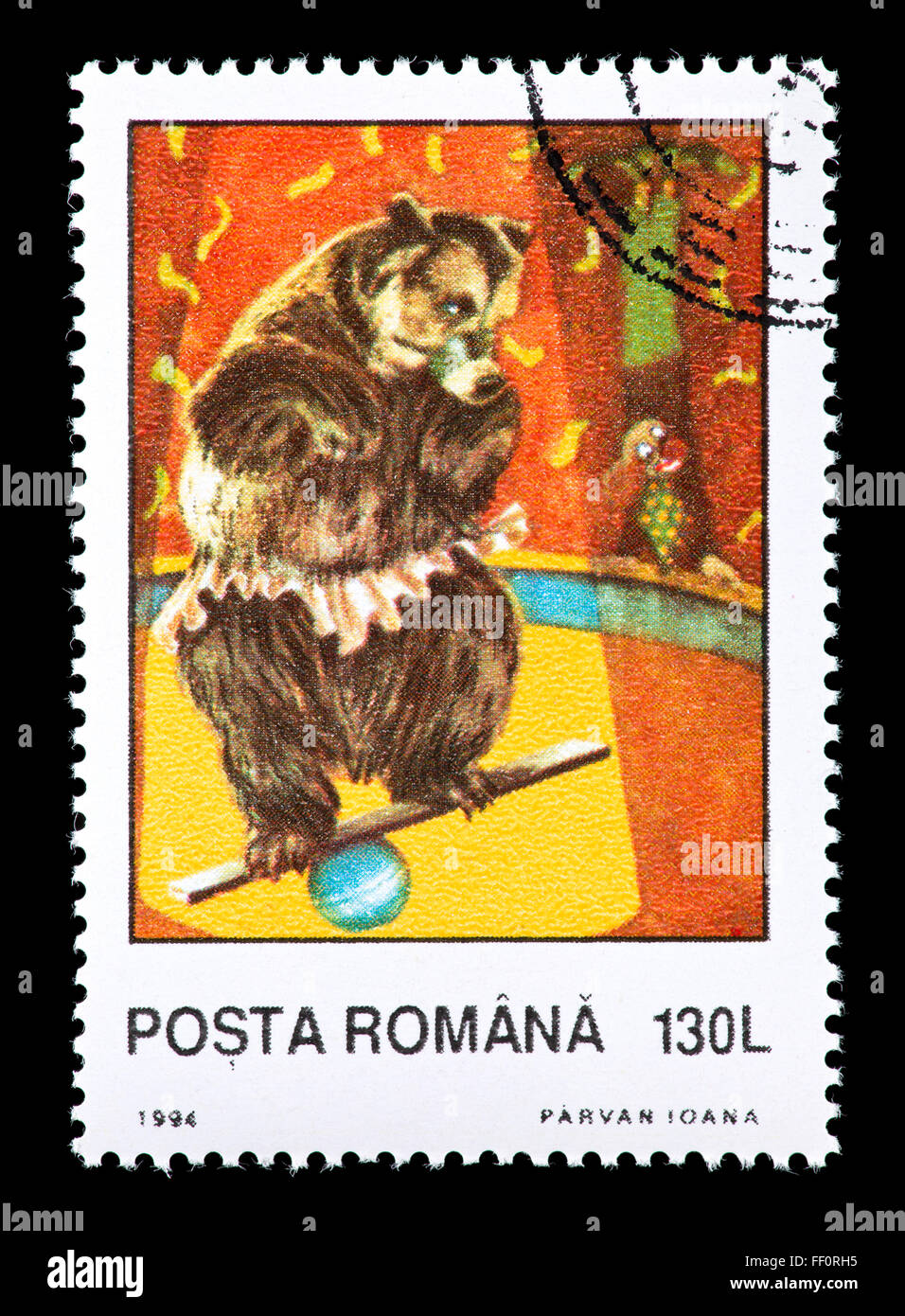 Postage stamp from Romania depicting a bear balancing on a board and ...