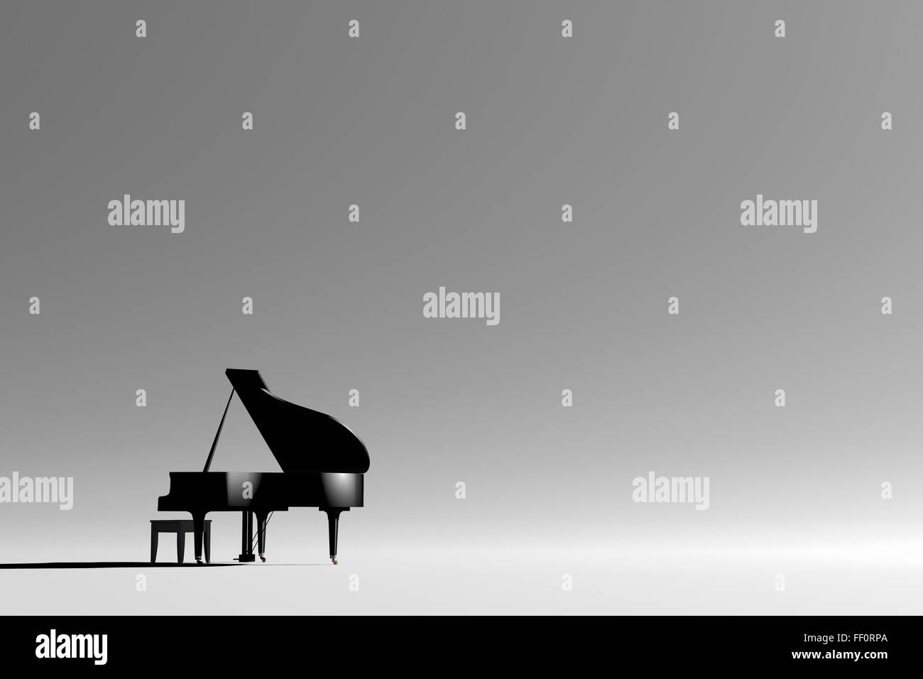 Grand piano and bench in empty room Stock Photo