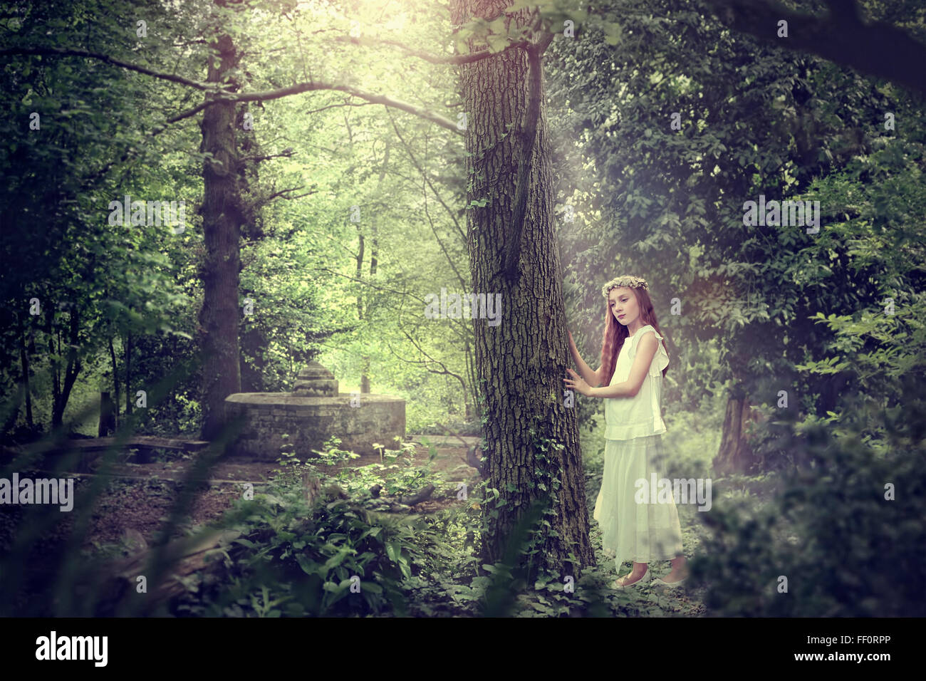 Caucasian girl exploring forest Stock Photo