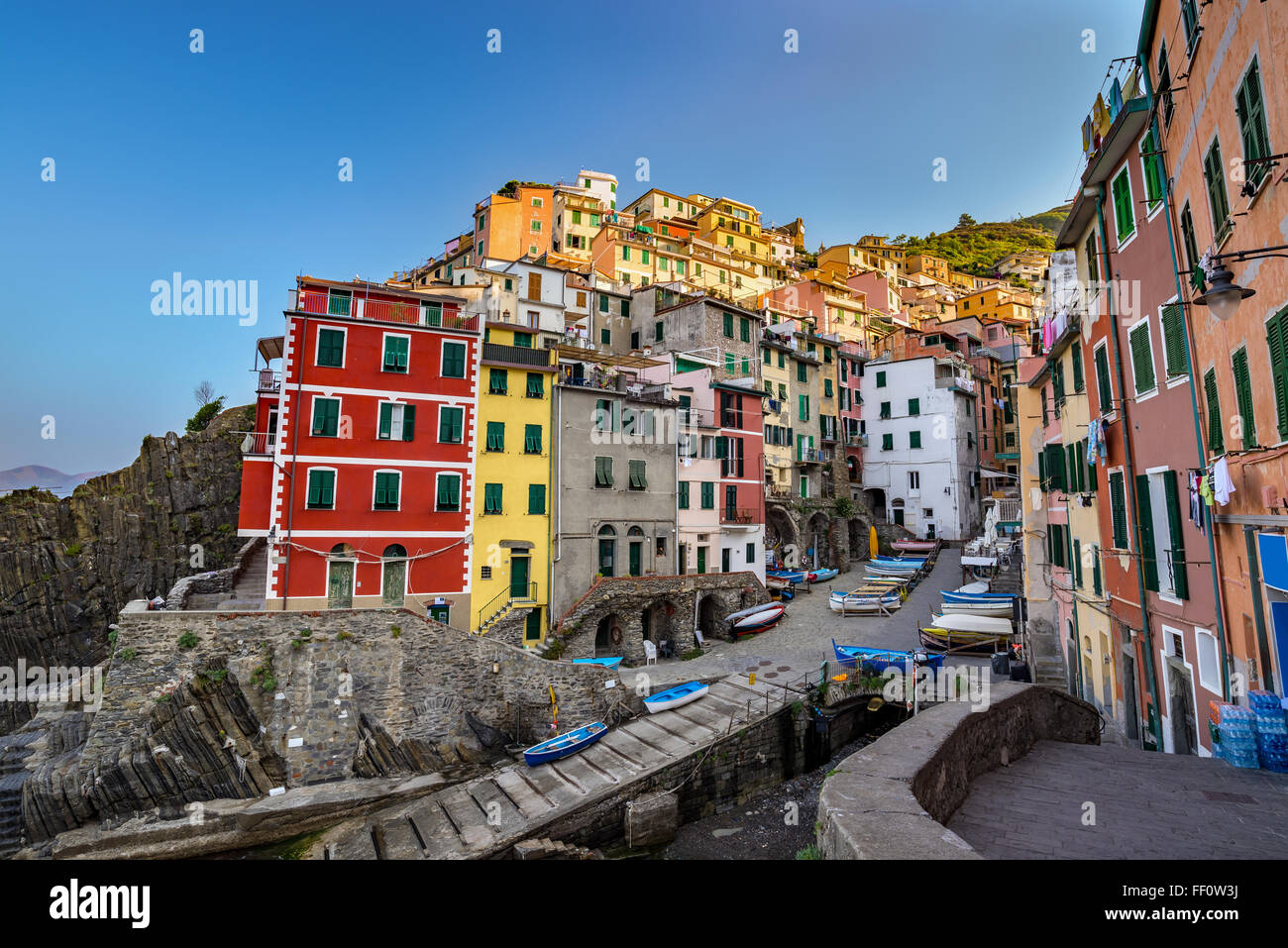 View of Riomaggiore village , Cinque Terre,- Italy Stock Photo