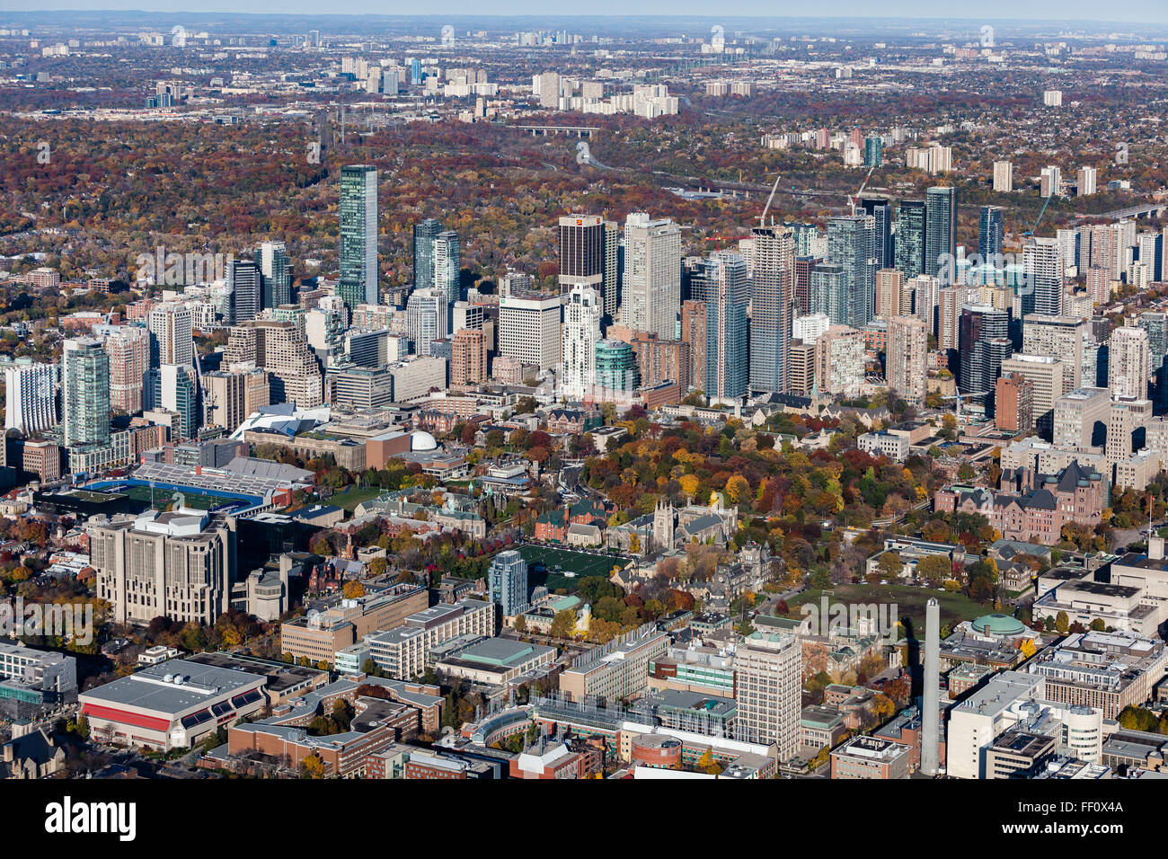 Aerial of Toronto Bloor and Yonge Street showing part of the University of Toronto, UofT campus. Stock Photo