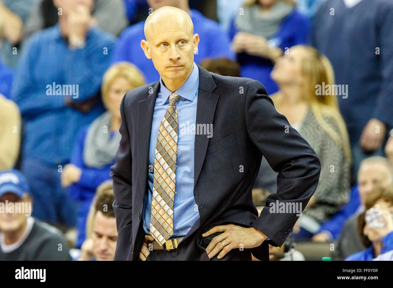 Omaha, NE USA. 09th Feb, 2016. Xavier Musketeers head coach Chris Mack late in 2nd half action during an NCAA men's basketball game between #5 Xavier Musketeers and Creighton Bluejays at CenturyLink Center in Omaha, NE.Attendance: 17,071.Creighton won 70-56.Michael Spomer/Cal Sport Media/Alamy Live News Stock Photo
