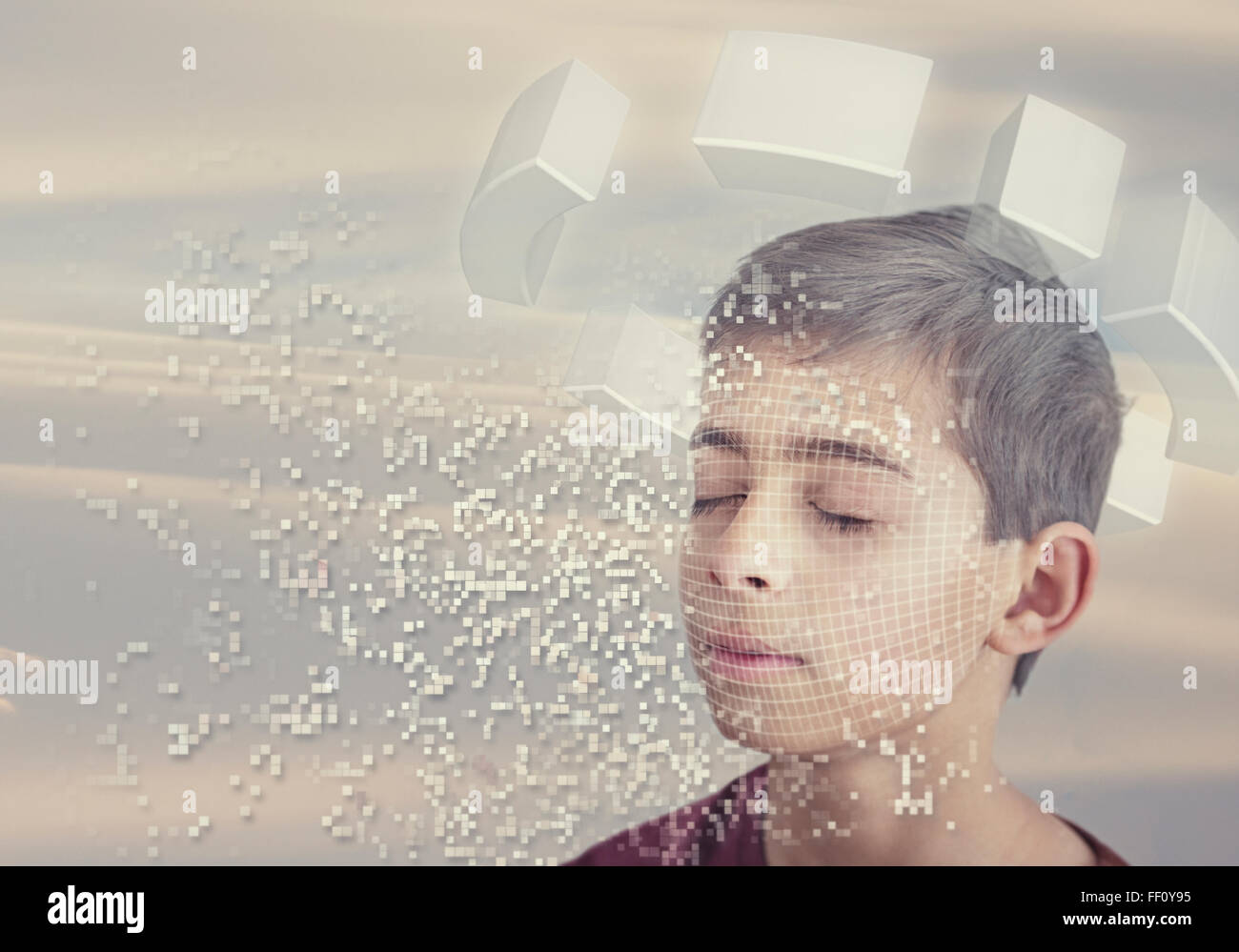 Pixelated mixed race boy with eyes closed Stock Photo