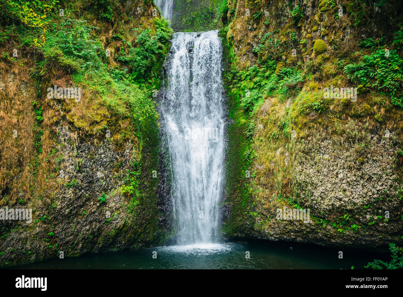 Multnomah Falls over rocky hillside, Portland, Oregon, United States