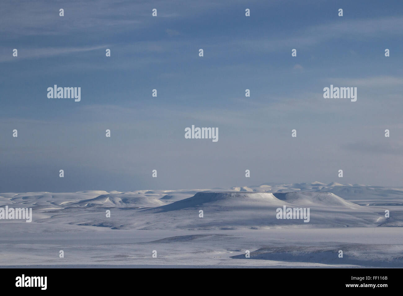 winter panorama of the northern Bering Island on a sunny day Stock Photo