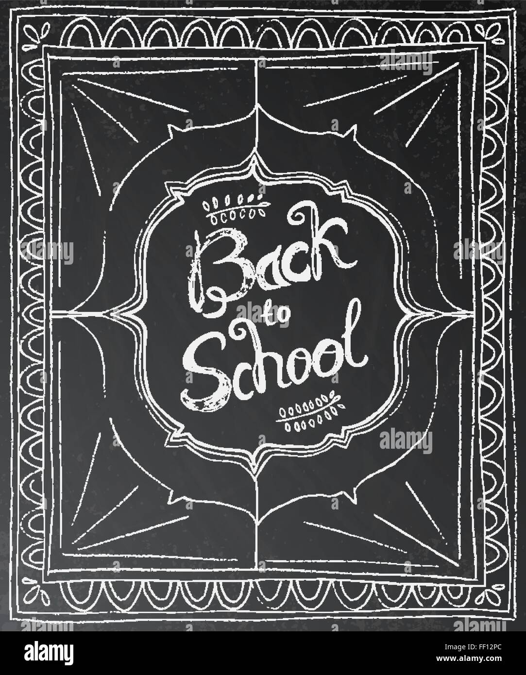 Back to school chalk lettering on black background. Vector illustration. Education concept with black chalkboard and white frame Stock Vector