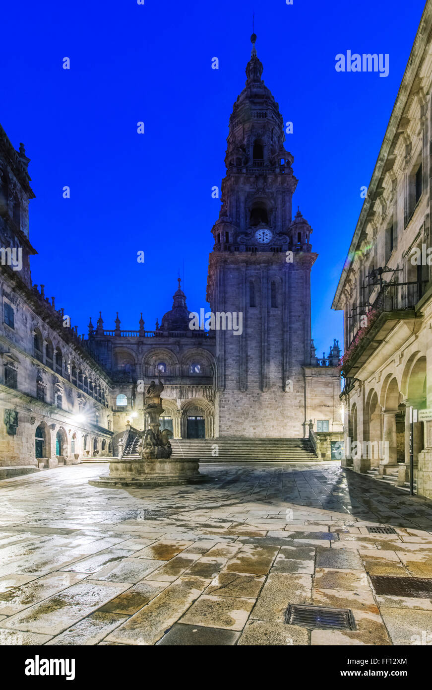 Ornate church and tower with fountain, Santiago de Compostela, A Coruna, Spain Stock Photo