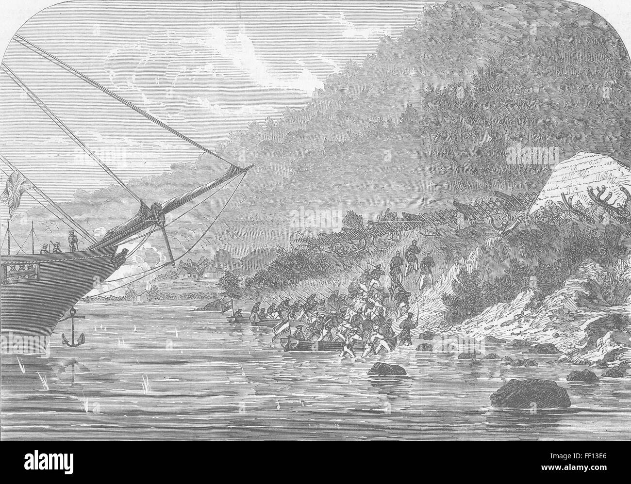 JAPAN Shelling of Shimonoseki assault, lower guns 1864. Illustrated London News Stock Photo