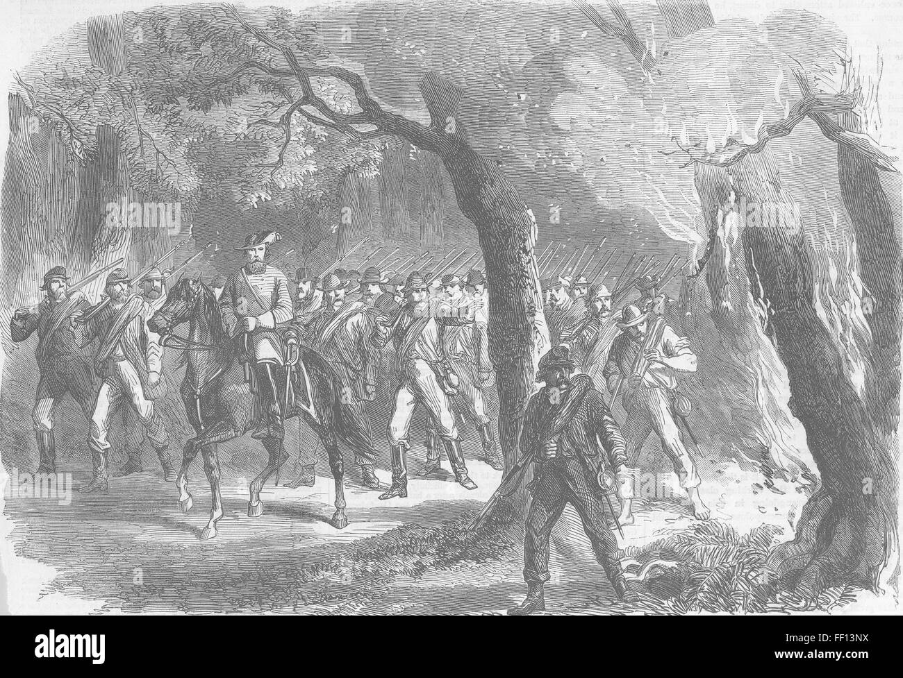 USA Civil War Confederate march through woods 1864. Illustrated London News Stock Photo