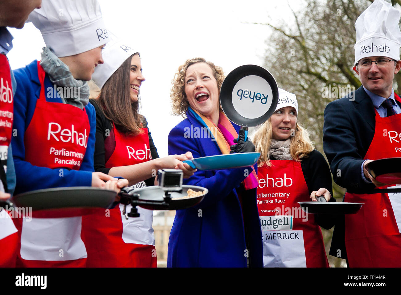 Westminster, London, United Kingdom. February 9th, 2016 - The media team at the annual Parliamentary pancake race in aid of the disability charity Rehab Credit:  Dinendra Haria/Alamy Live News Stock Photo