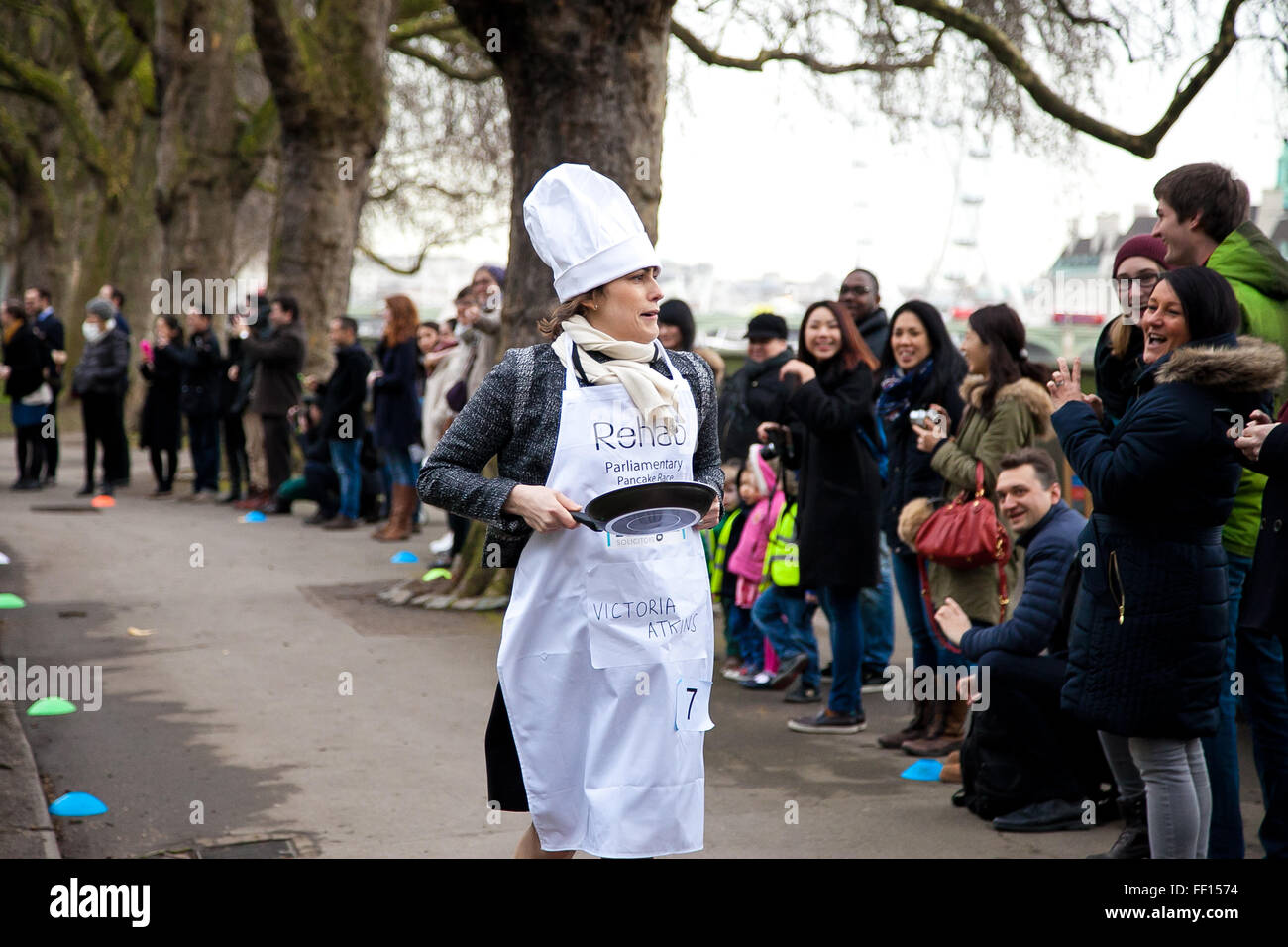 Westminster, London, United Kingdom. February 9th, 2016 - Victoria Atkins MP runs at the Parliamentary pancake race in aid of the disability charity, Rehab  Credit:  Dinendra Haria/Alamy Live News Stock Photo