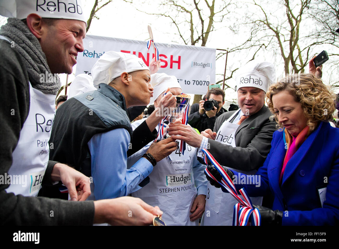 Westminster, London, United Kingdom. February 9th, 2016 -  MP's win the annual Parliamentary pancake race in the aid of the disability charity Rehab Credit:  Dinendra Haria/Alamy Live News Stock Photo