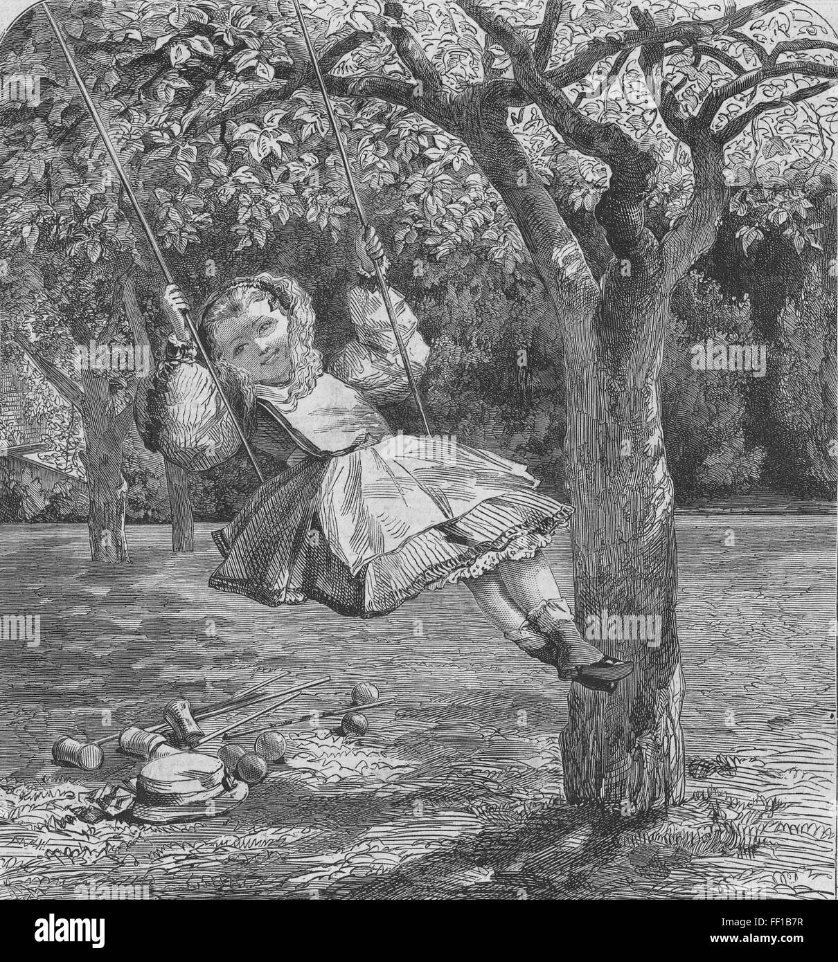 CHILDREN Girl on a swing in a garden 1864. Illustrated London News Stock Photo