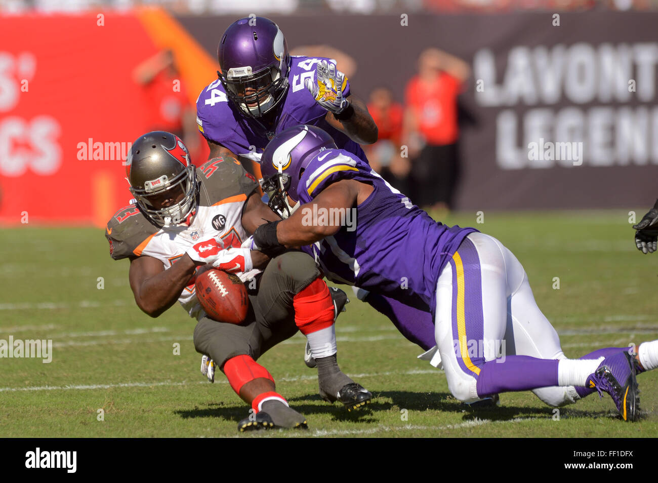 Tampa, FL, USA. 26th Oct, 2014. Tampa Bay Buccaneers running back Bobby Rainey (43) is tackled by Minnesota Vikings defensive end Everson Griffen (97) and middle linebacker Jasper Brinkley (54) during an NFL game against the Tampa Bay Buccaneers at Raymond James Stadium on Oct. 26, 2014 in Tampa, Florida. The Vikings won 19-13 in OT.ZUMA PRESS/Scott A. Miller © Scott A. Miller/ZUMA Wire/Alamy Live News Stock Photo