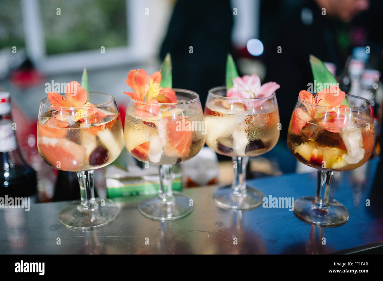 Various alcoholic drinks and beverages on wedding reception Stock Photo