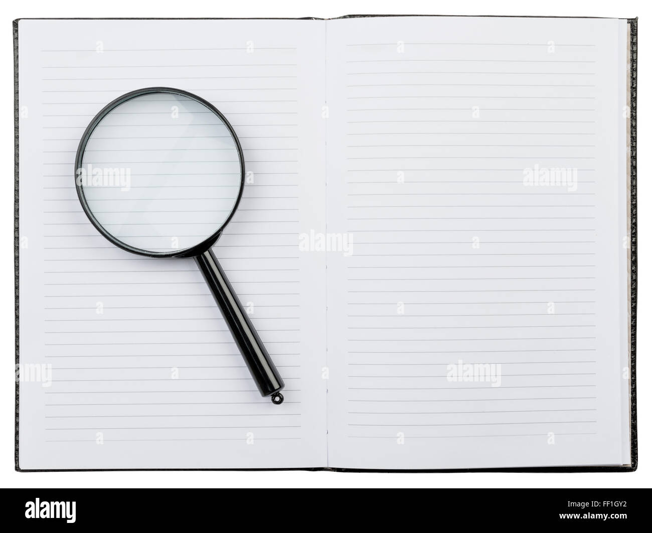 Open notebook with a magnifying glass. isolated Stock Photo - Alamy