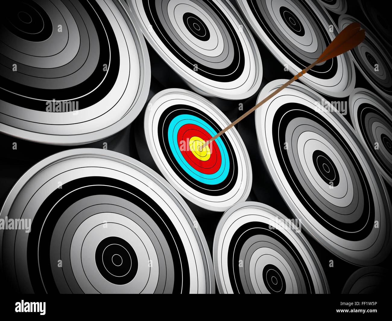 Red Dart hit right at the middle of the small target. Niche marketing concept which means concentrating all marketing efforts on Stock Photo