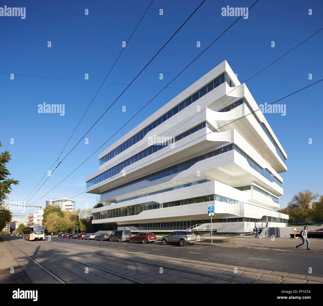Corner elevation across street. Dominion Tower, Moscow, Moscow, Russia. Architect: Zaha Hadid Architects, 2015. Stock Photo