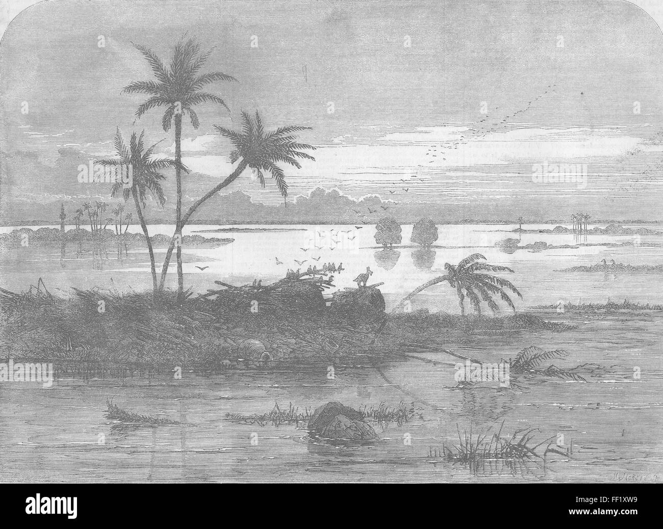 EGYPT Village nr Tautah, destroyed by Nile flood 1863. Illustrated London News Stock Photo