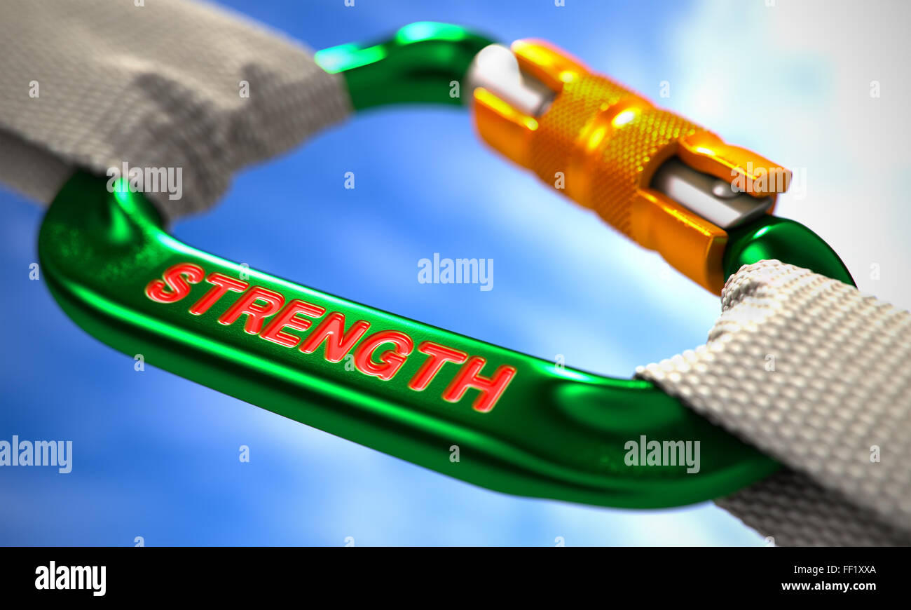 Green Carabiner with Text Strength. Stock Photo
