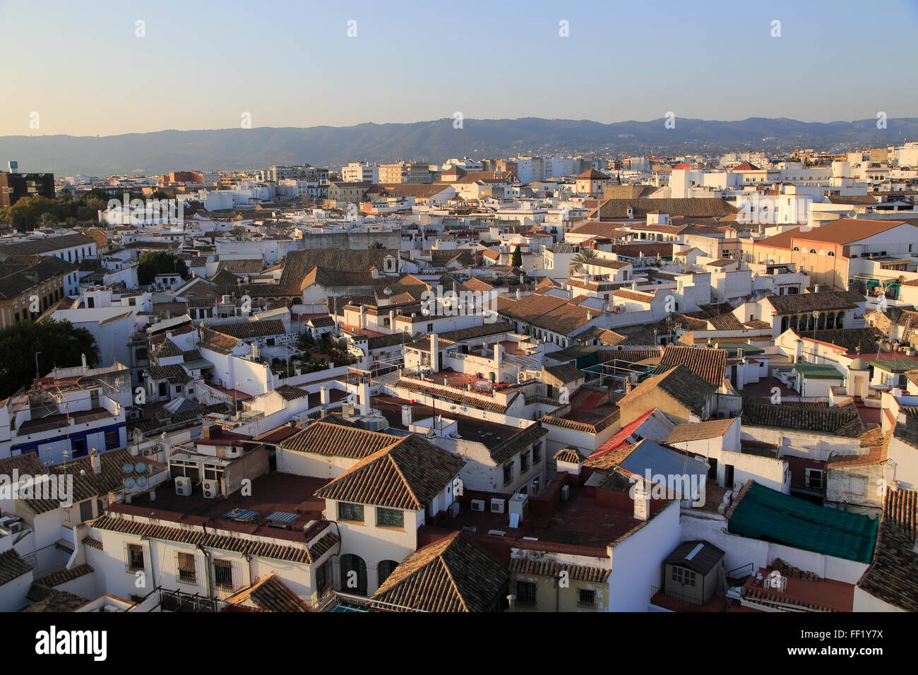 Oblique raised angle view of historic city centre buildings, Cordoba, Spain Stock Photo