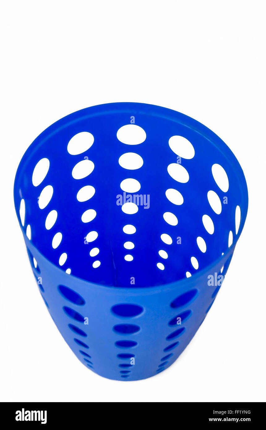 Empty Modern Blue Plastic Trash Can with Holes isolated in White