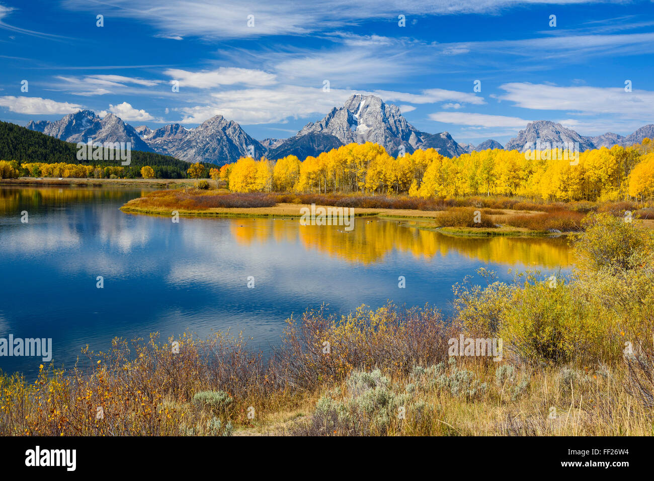 Mount Moran and the Teton Range from Oxbow Bend, Snake River, Grand Tetons NationaRM Park, Wyoming, United States of America Stock Photo