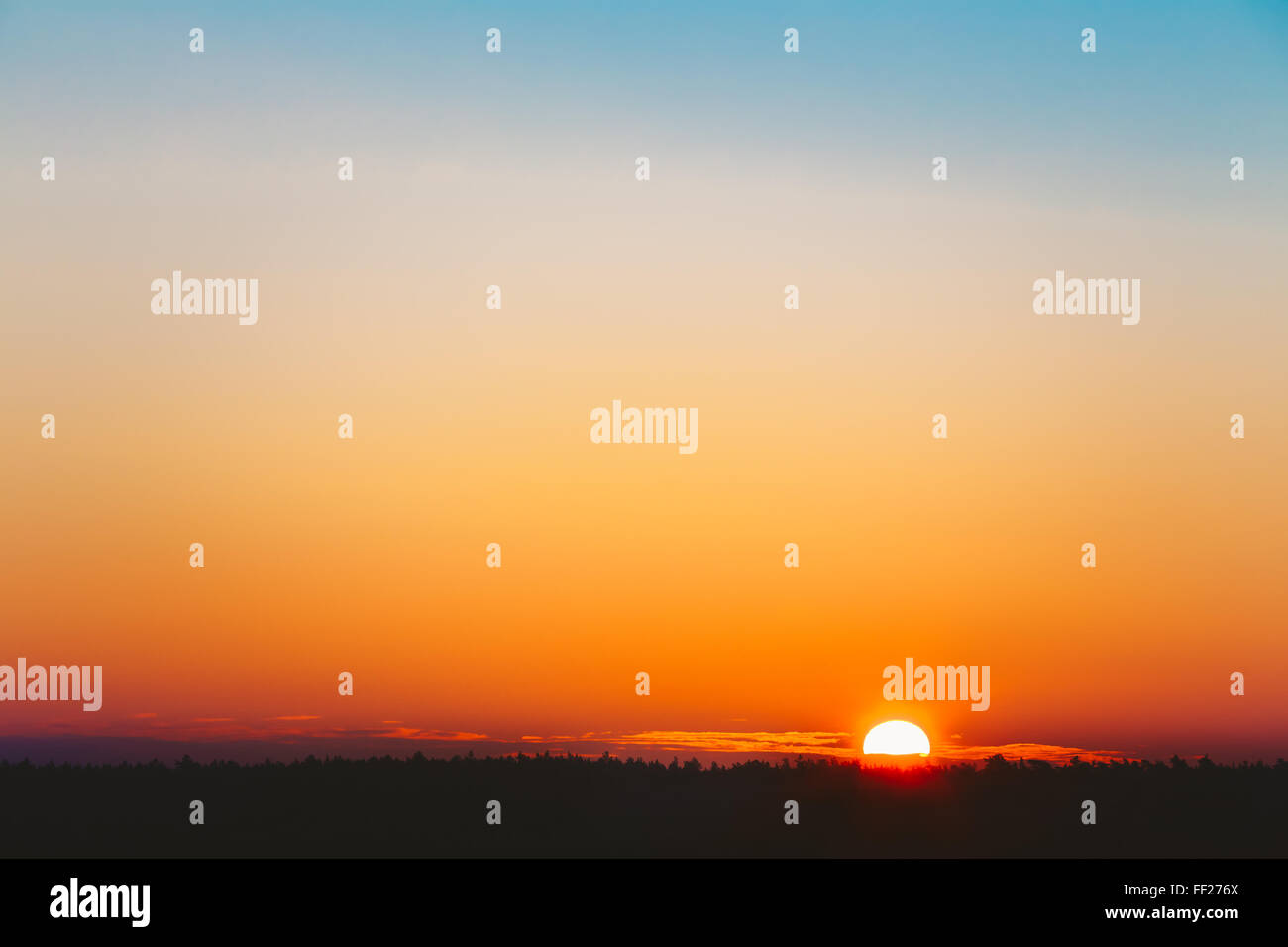 Sun Over Horizon, Sunset, Sunrise Background. Stock Photo